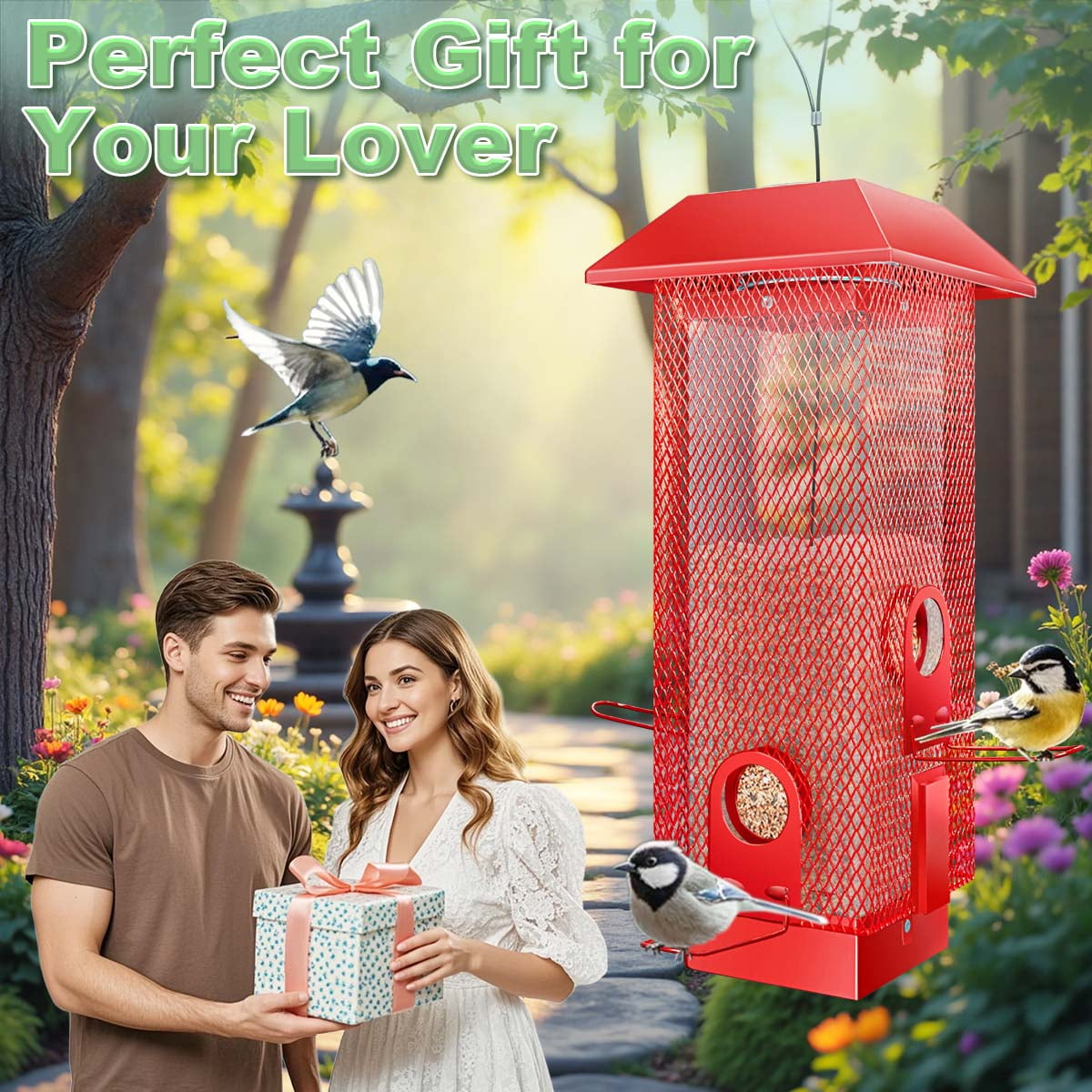 YLTIMER Squirrel Proof Bird Feeder, Metal BirdFeeders for Outdoors Hanging with Detachable Roof, 2.2lb Gravity Protection Wild Birds Seed Feeders for Cardinal Blue Jay Outside