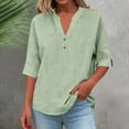 thumbnail image 4 of Cotton Linen Tops for Women 3/4 Sleeve V Neck T-Shirt with Buttons Solid Color Loose Fit Casual Summer Tees (XL, Green), 4 of 8
