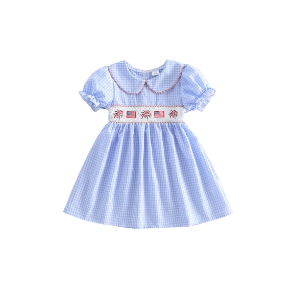 BemeyourBBs Toddler Baby Girls 4th of July Dress Patriot Independent Day Summer Smocked Dress Firework USA Flag Letter Embroidery Petter Pan Doll Collar Short Sleeve Gingham Plaid Dress