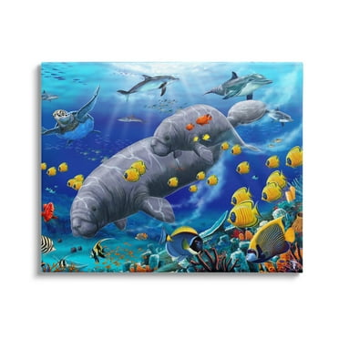 Stupell Industries Manatees & Fish Swimming Coastal Painting Gallery Wrapped Canvas Print Wall Art