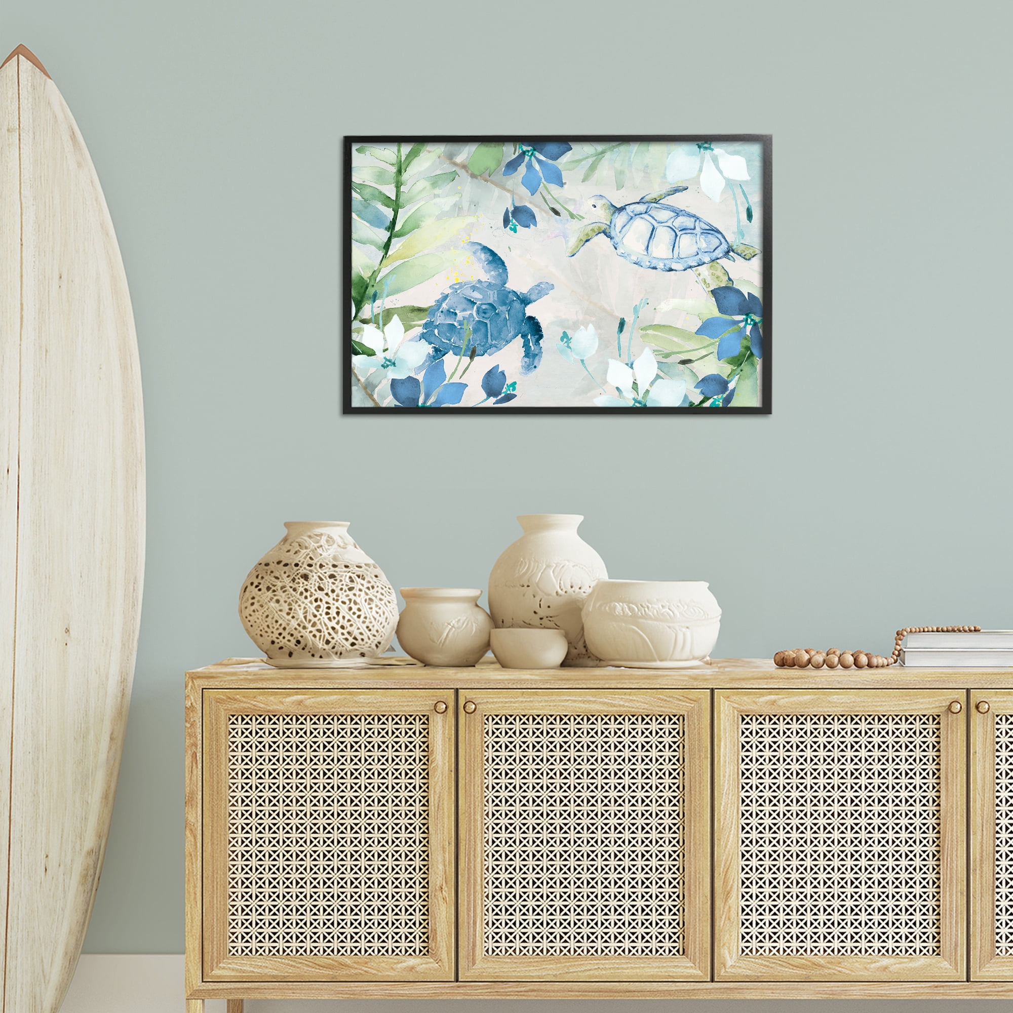 Stupell Industries Turtles Among Flowers Coastal Painting Black Framed Art Print Wall Art, 30 x 20