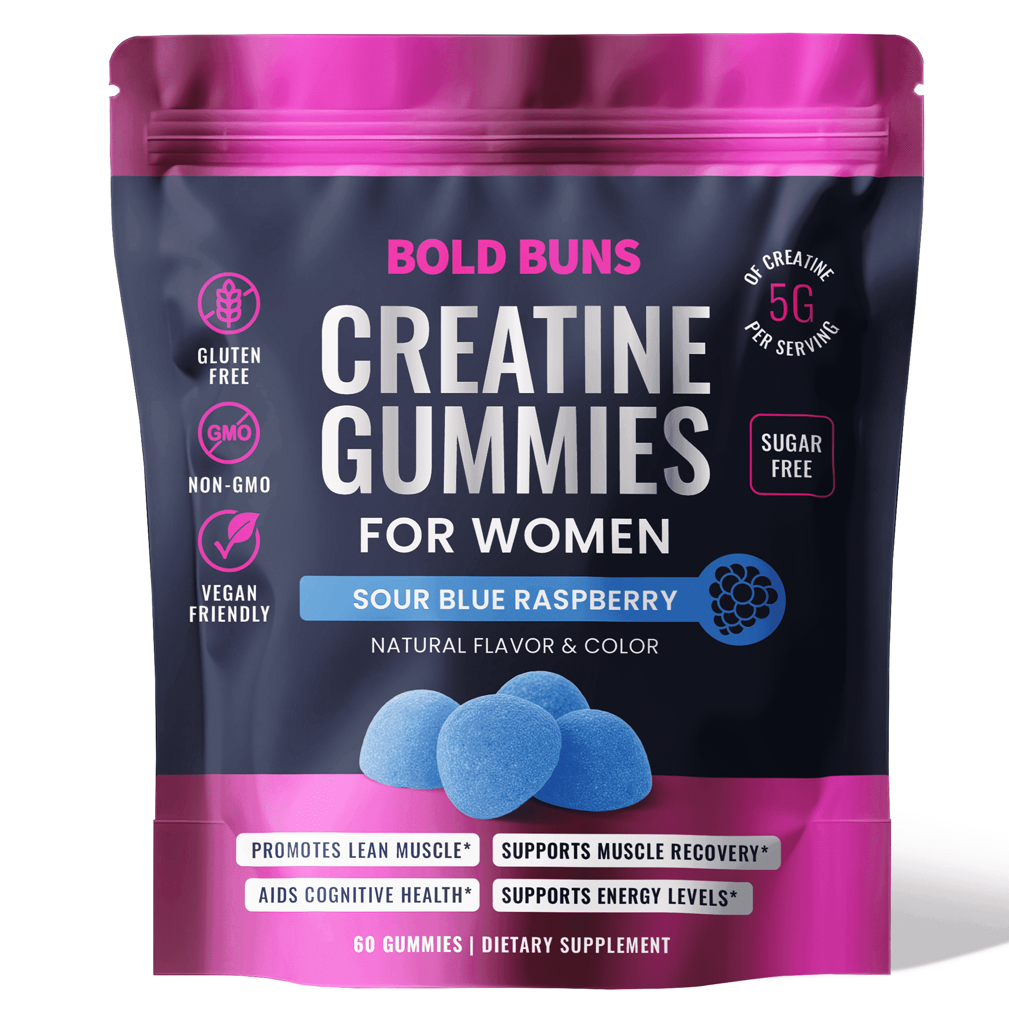 Bold Buns Creatine Monohydrate Gummies for Women – 5g Creatine Per Serving – Sugar Free, Vegan, Non-GMO, Gluten Free – Muscle Support, Workout Recovery & Energy Support – 60 Gummies (Sour Blue Rasp)
