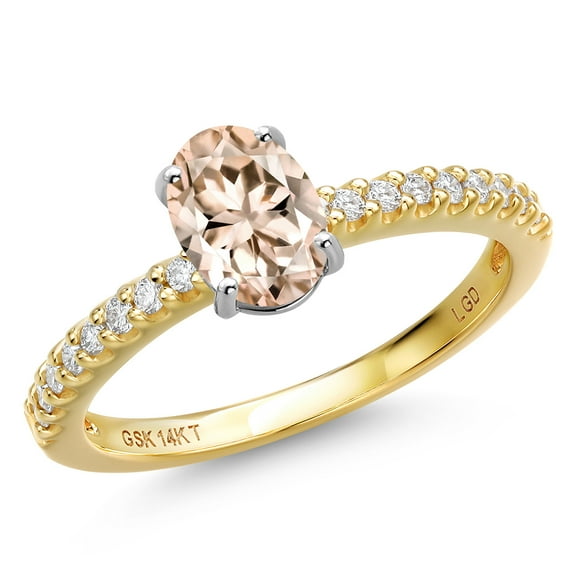 Gem Stone King 14K Two Tone Gold Peach Morganite and Lab Grown Diamond Engagement Ring for Women | 0.81 Cttw | Oval 7X5MM | Gemstone October Birthstone | Size 6