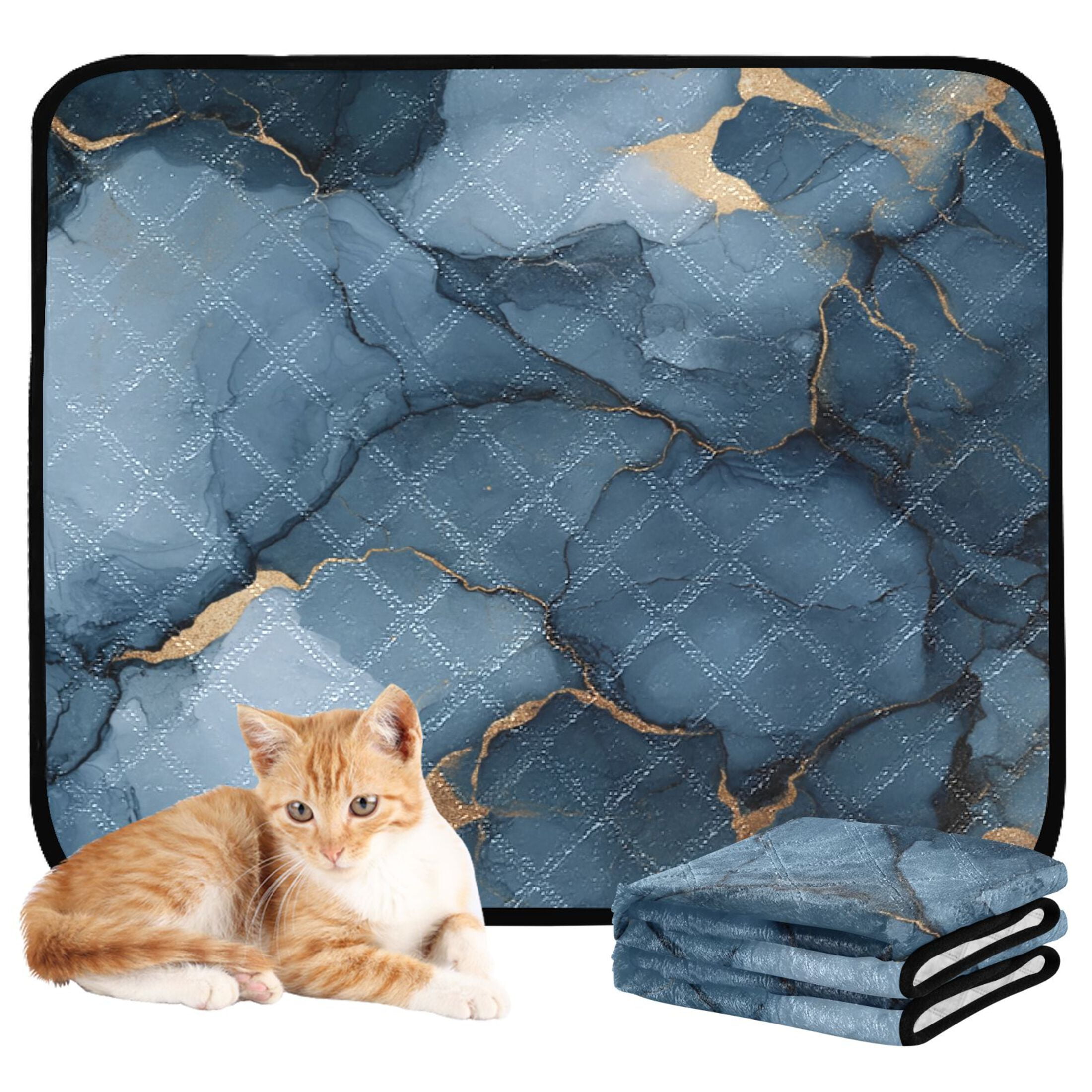 Qxltty Gilt Dark Blue Patterns Cat litter Pads Pet Set of 2 Diaper Mats Center Anti-leakage Layer Absorbent Soft and Comfortable
