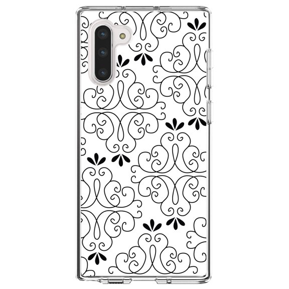 DistinctInk Clear Shockproof Hybrid Case for Samsung Galaxy Note 10 (6.3" Screen) - TPU Bumper, Acrylic Back, Tempered Glass Screen Protector - Black White Floral Pattern