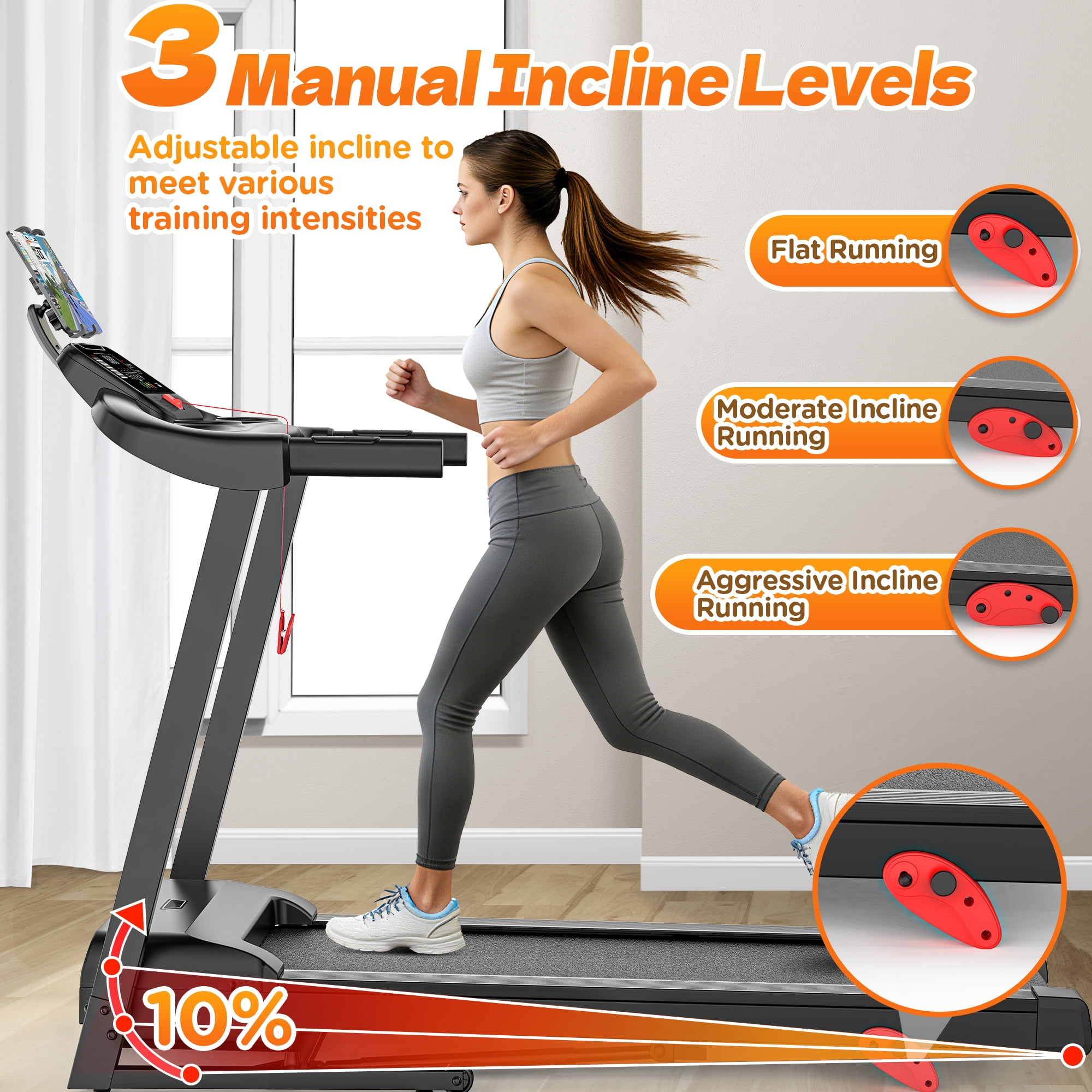 3.55HP Treadmill with 10% Incline 320lb Capacity, Foldable Home 7.5MPH Treadmill, 64+6+1 Smart Program, APP Control with Free Course, Jogging Walking Treadmill w/ Free Knee Pads