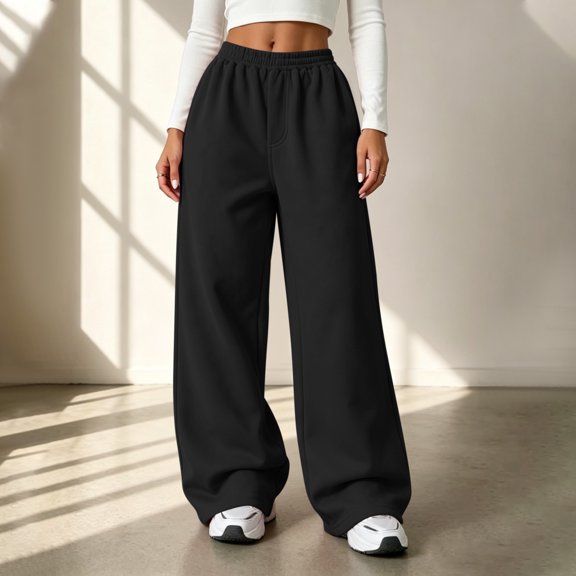 QSAWXQZ Womens High Waisted Wide Leg Sweatpants Elastic Waist Pockets Athletic Pants M