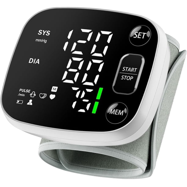 Tensiómetro digital de muñeca Oklar para uso doméstico, recargable, con brazalete y pantalla LED retroiluminada, transmisión de voz, 240 memorias para 2 usuarios y estuche de transporte.