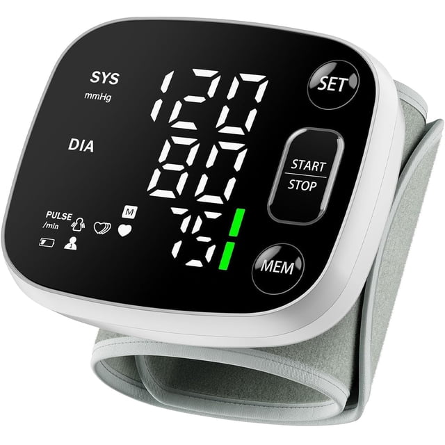 Tensiómetro digital de muñeca Oklar para uso doméstico, recargable, con brazalete y pantalla LED retroiluminada, transmisión de voz, 240 memorias para 2 usuarios y estuche de transporte.