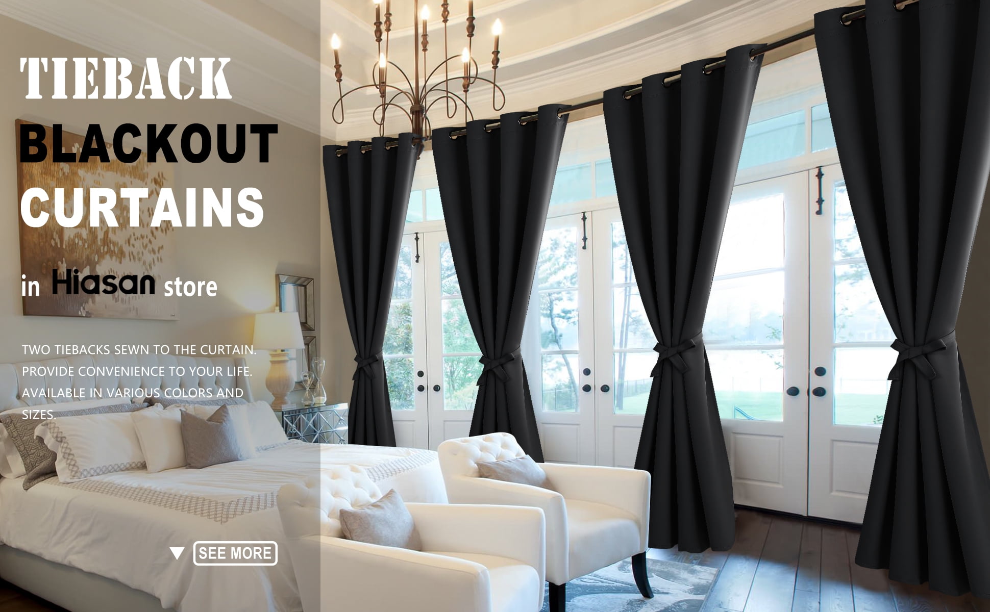Hiasan Blackout Curtains for Bedroom Sewn with Tiebacks, Thermal Insulated Grommet Room Darkening Window Curtains for Living Room, Black, 52 x 45 Inches, 2 Panels
