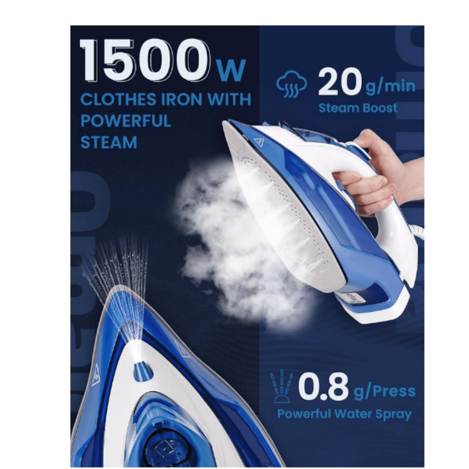Steam Iron for Clothes, 1500W Clothes Iron with 3-Way Auto-Off, Non-Stick Ceramic Soleplate, Iron for Clothes with 11.84oz Water Tank, Self-Cleaning, Anti-calc, White