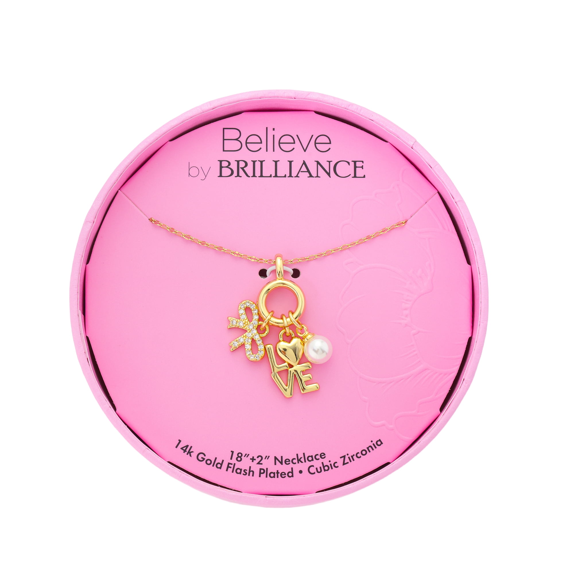 Believe by Brilliance Women's 14Kt Gold Flash Plated Cubic Zirconia and Glass Pearl Love Cluster Charm Necklace