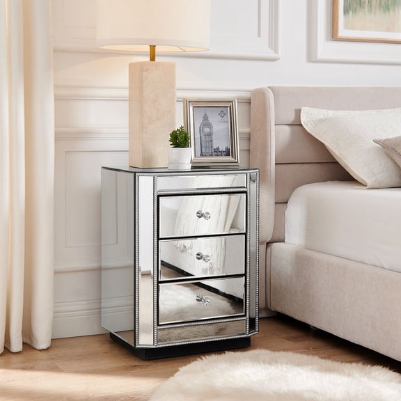 WGYPRIME 23.6" Mirrored Nightstand with 3 Drawers, Modern Mirrored  Bedside Table, Mirrored Side Table for Living Room, Bedroom, Entryway