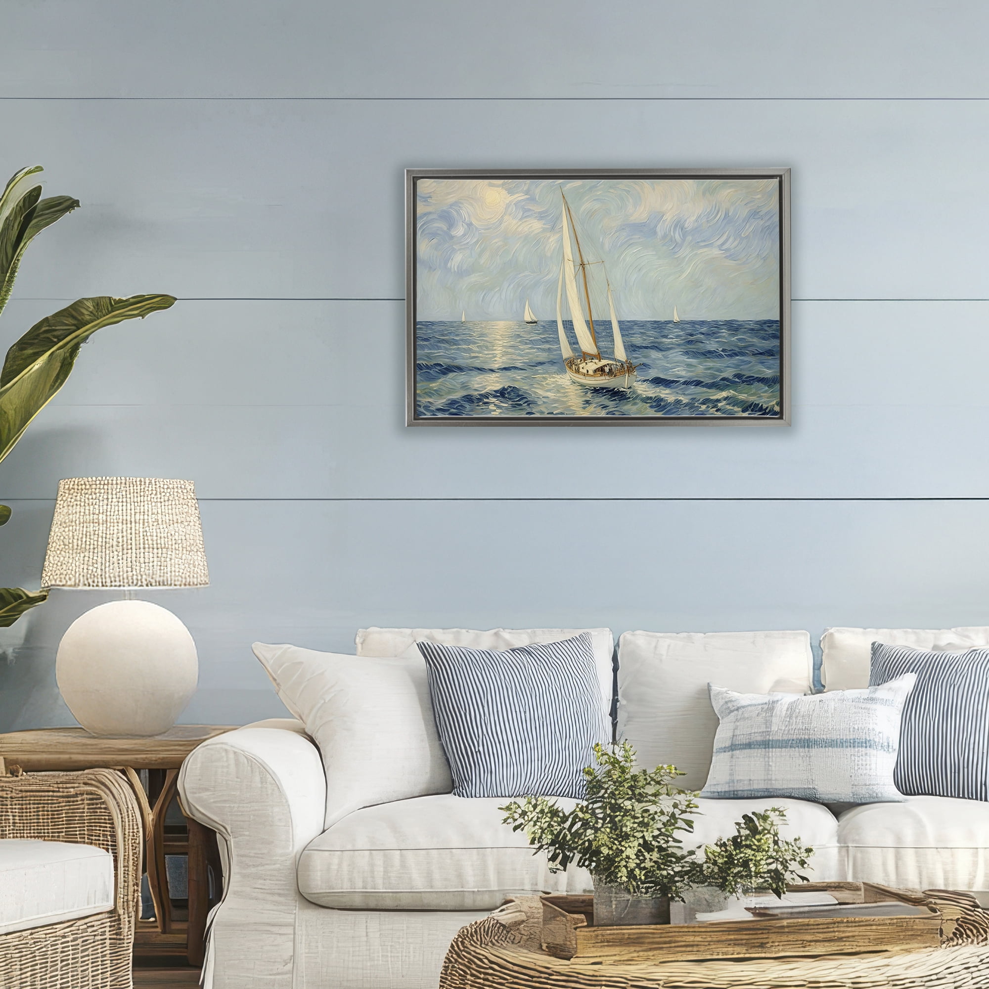 Stupell Industries Sailing Yacht on Blue Sea Gray Framed Floater Canvas Wall Art, design by Angie Hawke