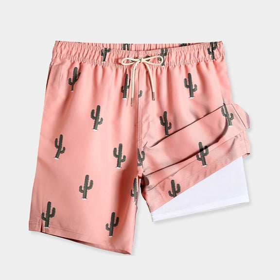 Nmnitkp Mens Swim Trunks with Compression Liner 2-in-1 Swim Trunks Stretch Quick Dry Swim Shorts UPF 50 Sun Protection Swimtrunks Pockets Pink,S