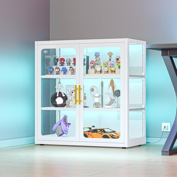 34-Inch Tall Black 3-Tier Glass Display Cabinet with LED Lights, Curio Cabinet with Doors and Adjustable Shelves for Collectibles