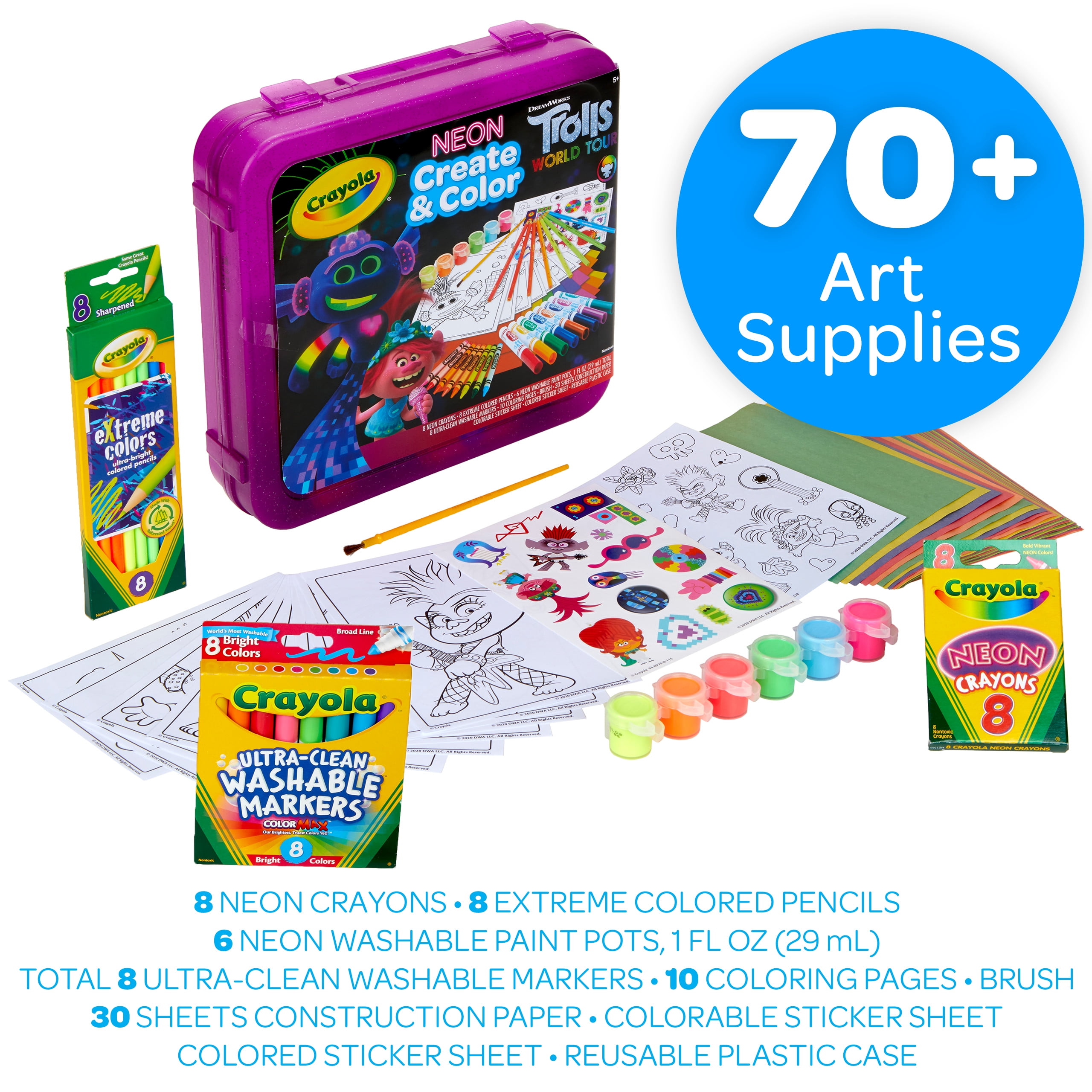 Crayola Trolls Neon Create & Color Art Set, over 70 Pieces, Gift for Kids
