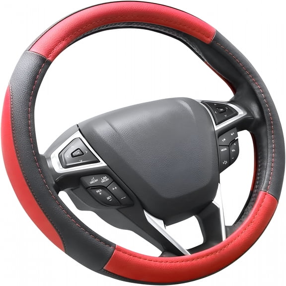 RIONIMA Car Steering Wheel Cover Universal Standard Size 14.5-15 Inch,Black and Red Microfiber Leather