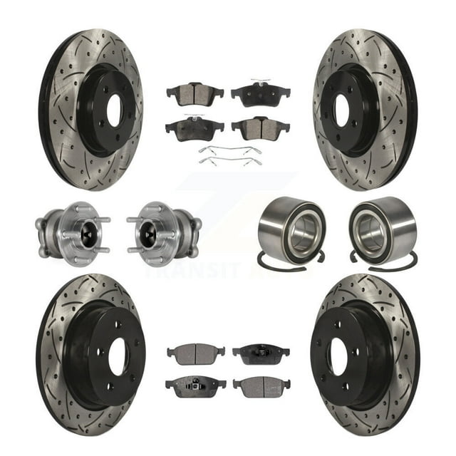 Transit Auto Front Rear Hub Bearing Assembly Coated Disc Brake Rotor and Ceramic Pad Kit (10Pc) for Car 2013-2016 Ford Escape FWD with 2.0L with Parking Assist Left Right (Driver Passenger) KBB-124481
