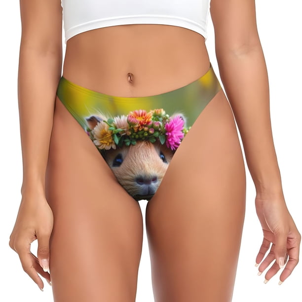 Fotbe Flower Crown Guinea Pig Tanga Sin Costuras para Mujer con Estampado – Panties Invisibles, Transpirables y Cómodos para Uso Diario-Small