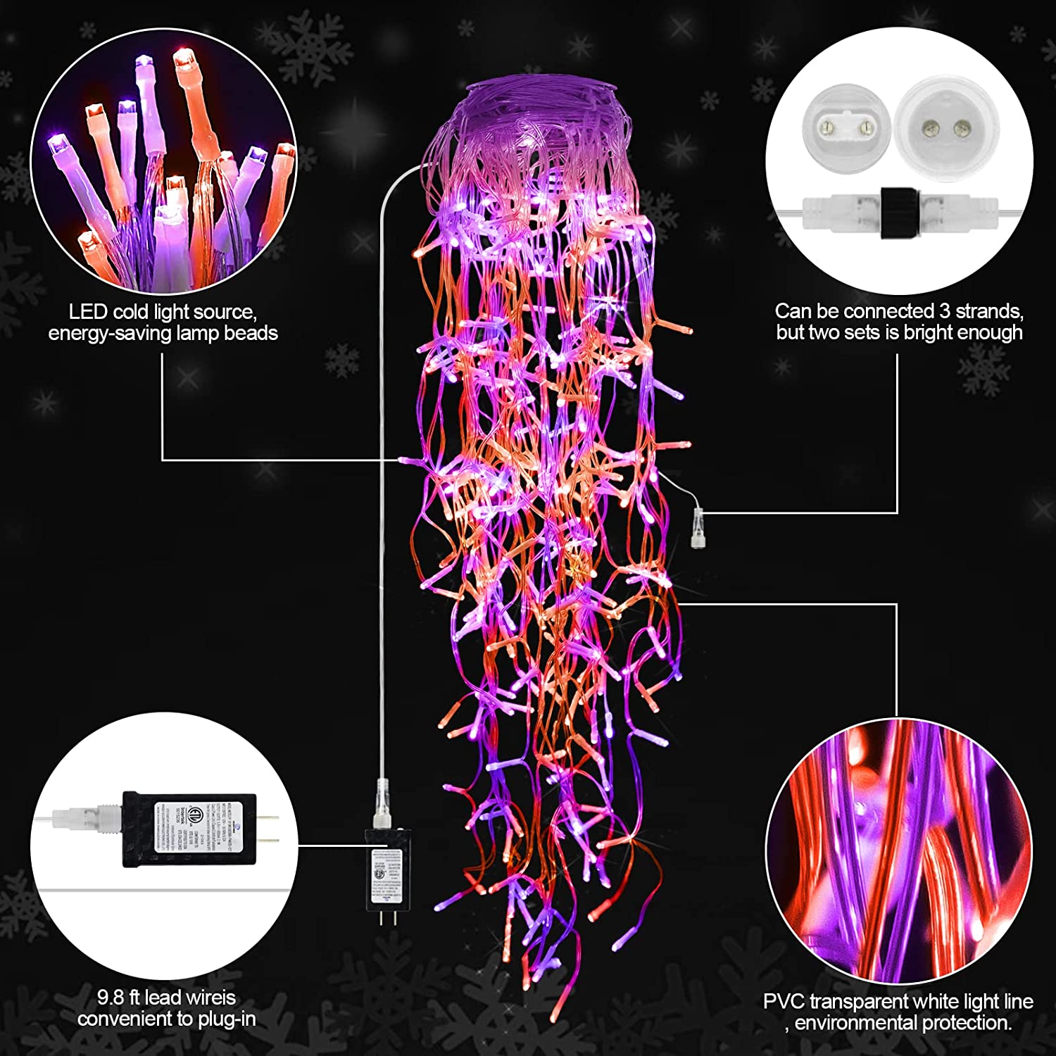 Christmas Lights Outdoor Decorations, 640 LED 65FT Curtain Fairy String  Light with 120 Drops Modes  Memory Function Window Christmas Party  Decorations Orange Purple 640 LED 65ft Modes