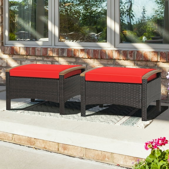 Gymax 2PCS Patio Ottomans Wooden Handles Rattan Knitting Foot Pedal Red