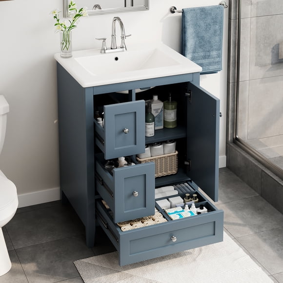 MODERNLUXE 24" Bathroom Vanity with Ceramic Sink,Freestanding Bathroom Storage Cabinet with Adjustable Shelf,3 Drawer & Removable Dividers for Small Space,Gray Blue