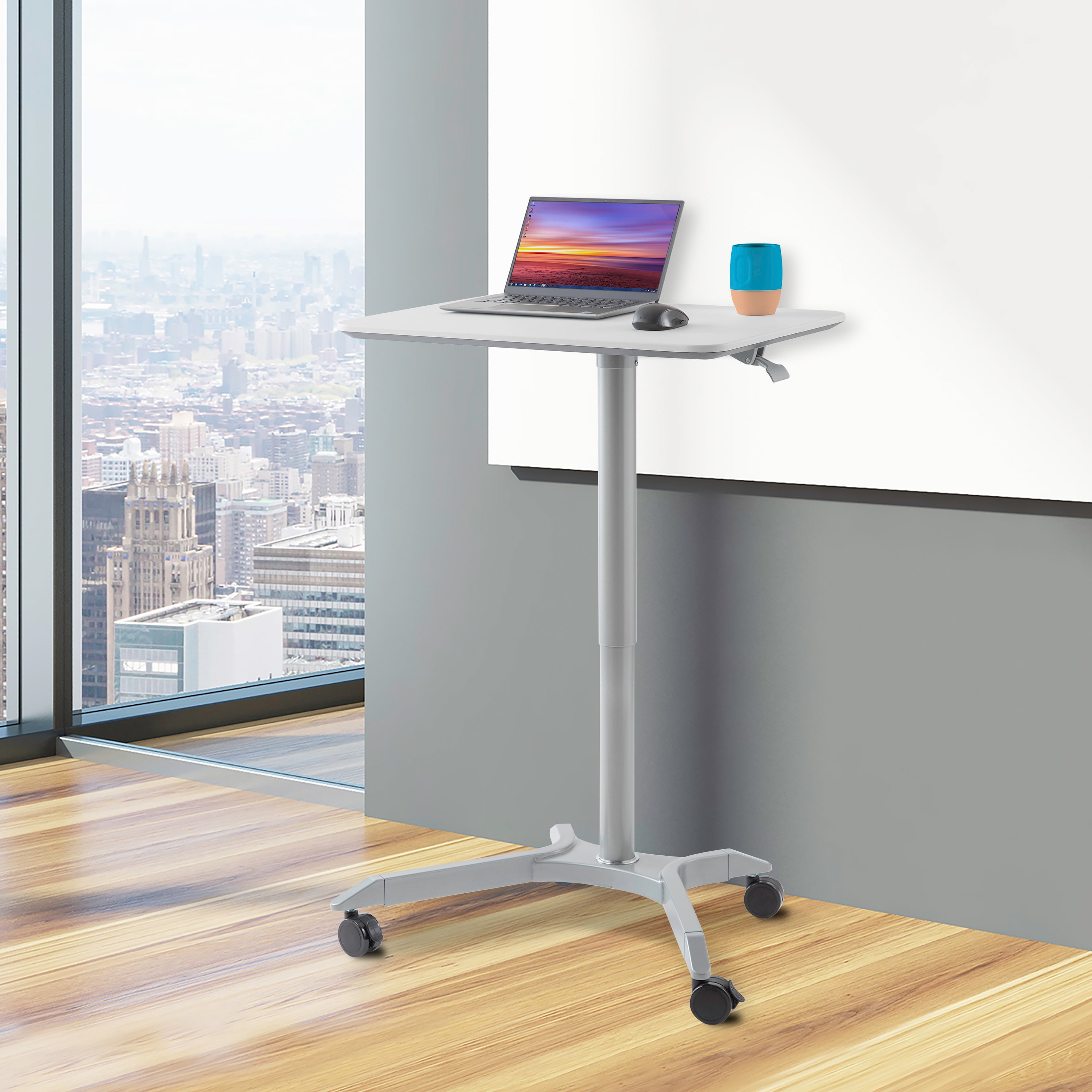 Adjustable Rolling Standing Laptop Mobile Desk Cart Coffee Table 28 Inch Height Adjustable Laptop Sit Stand Desk with Wheels White 