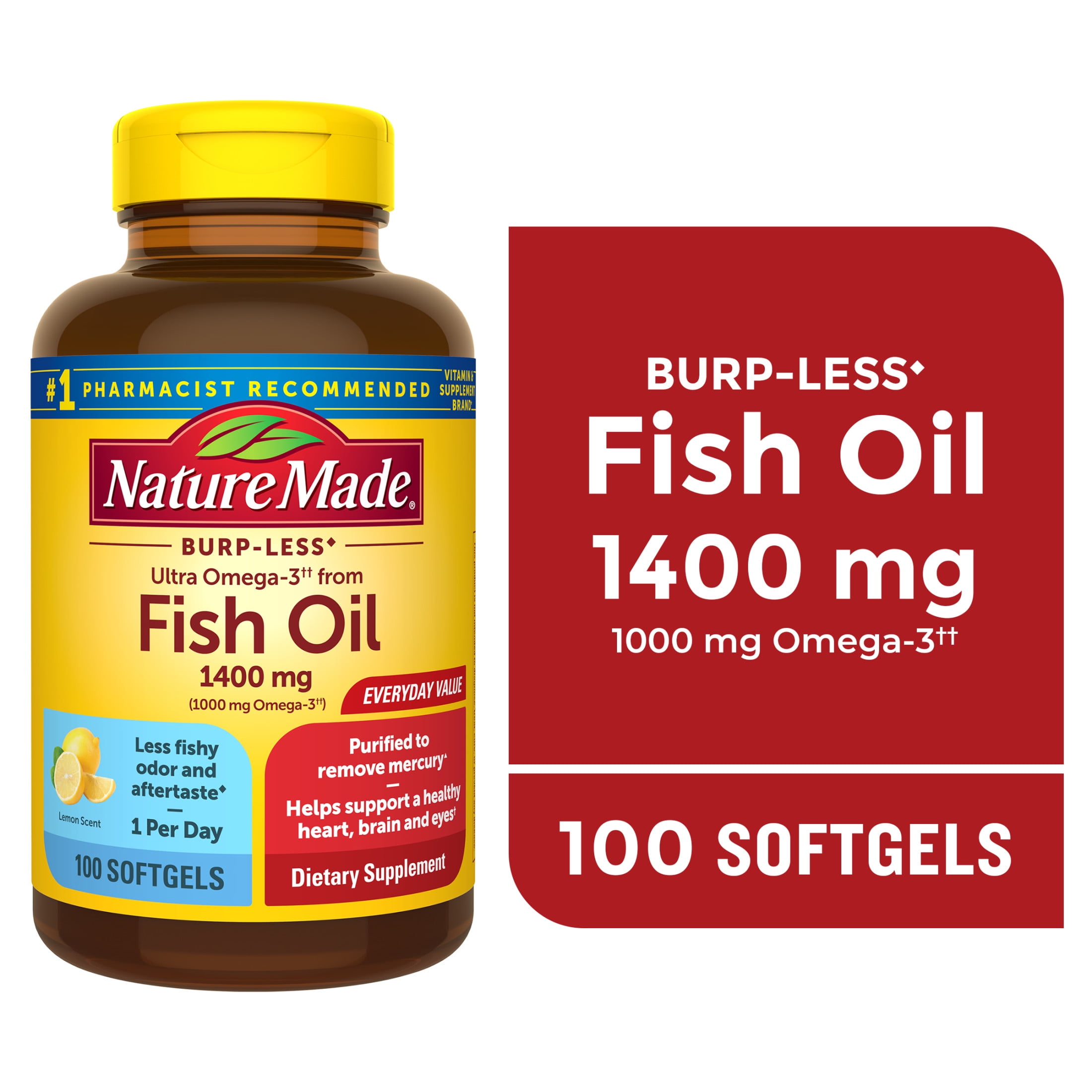 (3 pack) Nature Made Burp Less Ultra Omega 3 Fish Oil 1400 mg Softgels, Fish Oil Supplements, 100 Count