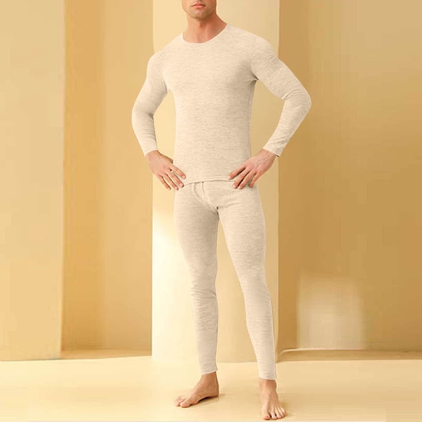 Conjuntos de ropa interior térmica para hombre, ropa holgada de color liso para el hogar, pantalones con bolsillos, top de manga larga con cuello redondo, conjuntos de pijama, pantalones superiores de