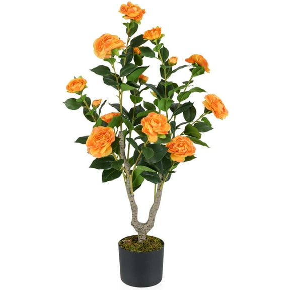 Costway 1 PCS 36" Artificial Camellia Tree Fake Potted Tree Greenery Floral Plant Modern Orange