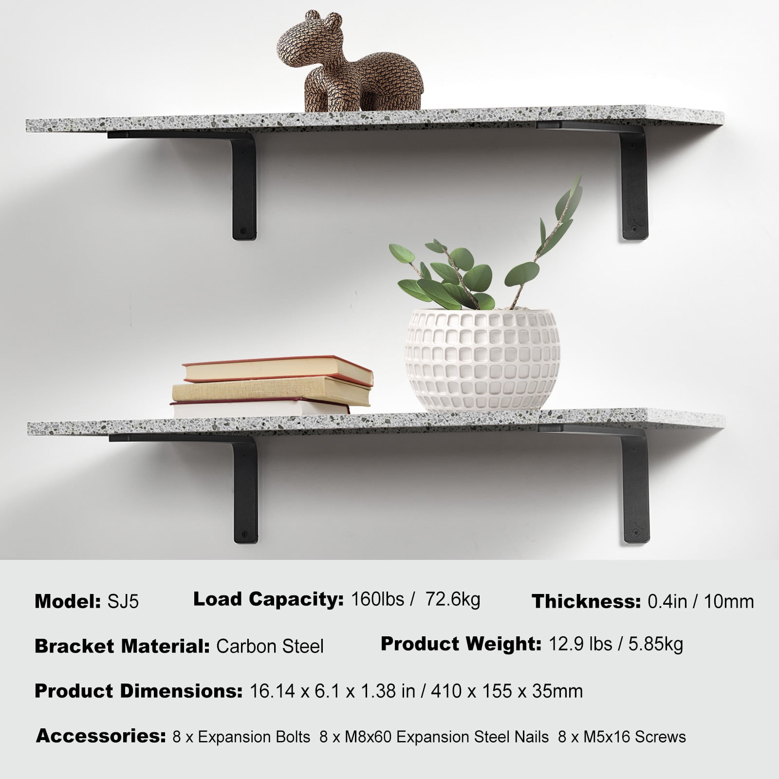 KFFKFF Bracket for Shelves, Set of 4, Dimensions 16 x 6 inches, Robust Wall Mounted Shelf Brackets, Matte Black L Shaped Bracket, Constructed from 10mm Thick Steel, Supports Weight up to 160 lbs