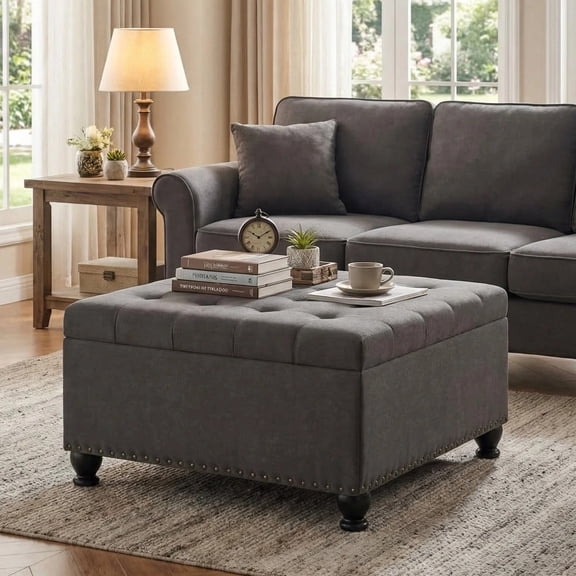 Censi 30" Large Square Storage Ottoman Coffee Table, Upholstered Tufted Fabric Footrest with Nailhead Trim, Dark Gray