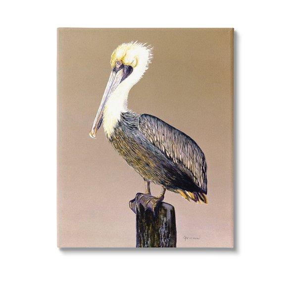 Stupell Industries Pelican on Perch Animals & Insects Painting Gallery Wrapped Canvas Art Print Wall Art, 16 x 20