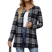 HUBERY Women Open Front Long Sleeve Houndstooth Plaid Print Cardigan