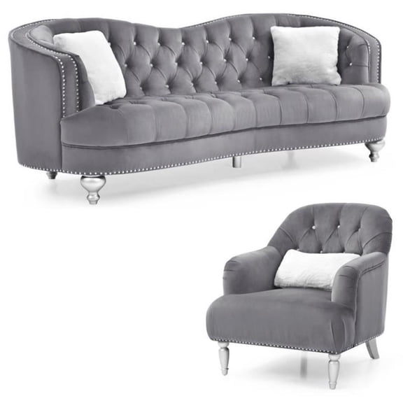 Home Square 2-Piece Furniture Set with Velvet Chair and Sofa in Gray