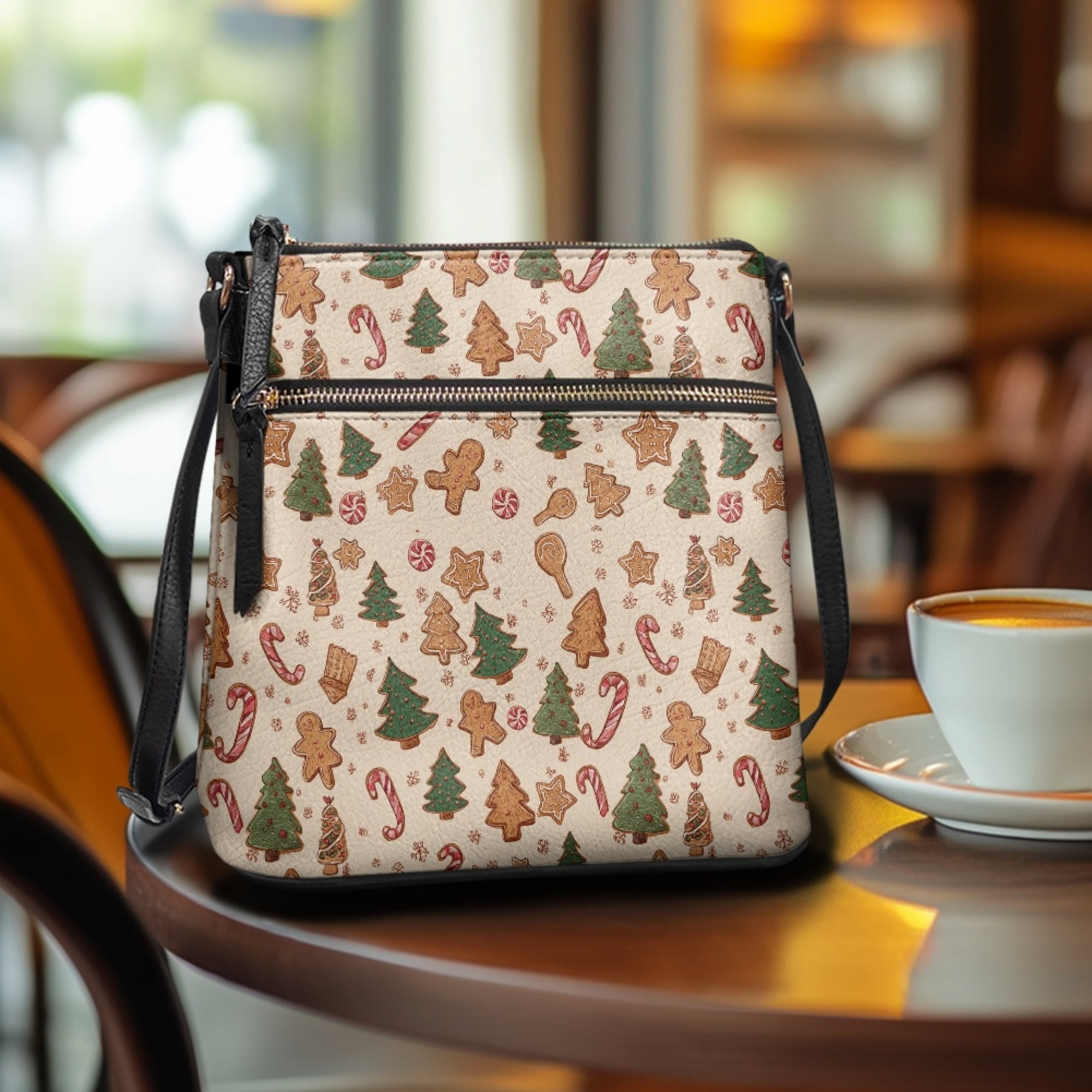 Kuiaobaty Christmas Tree Print Leather Crossbody for Women, Gingerbread Man Print Shoulder Handbag with Adjustable Strap, Lightweight Travel Hobo Purse for Christmas 2025, Beige