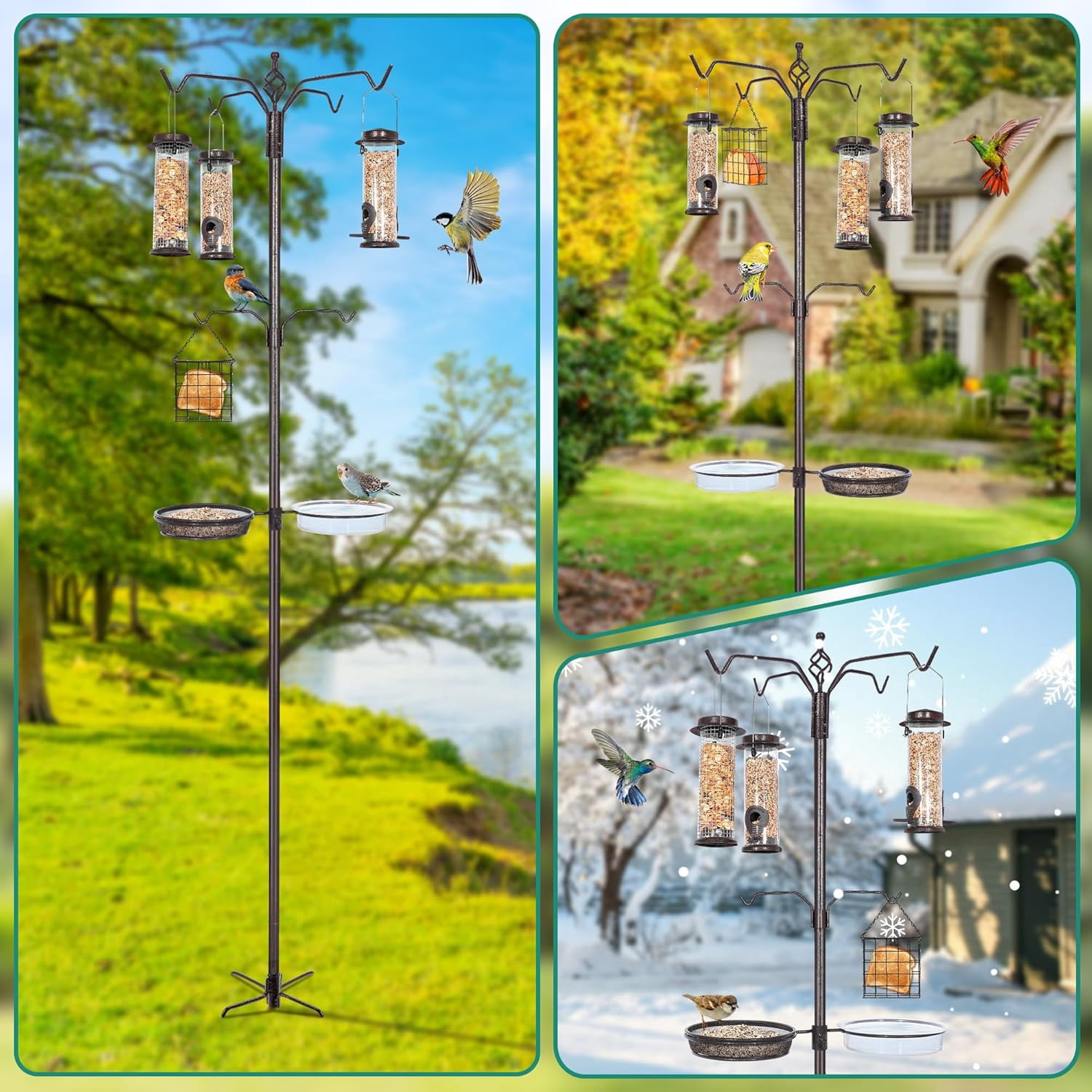 6-Hook Bird Feeding Station Kit, 94 Inch Heavy Duty Bird Feeder Stand Pole for Outdoors Hanging with 4 Feeders, Wide Metal Squirrel Baffle, Attracting Wild Birds