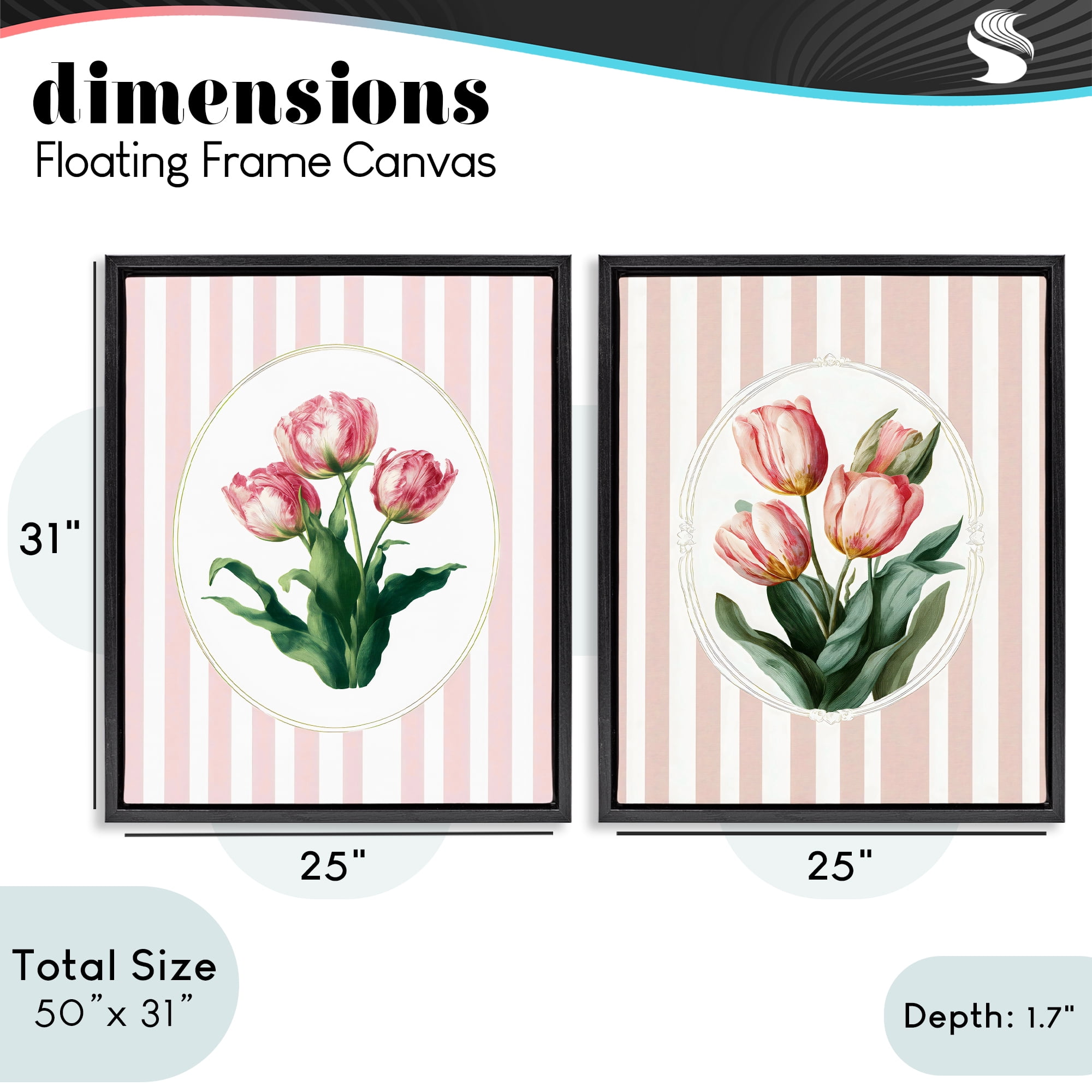 Stupell Industries Blush Tulips on Stripes 2 Piece Black Framed Floater Canvas Set, design by Ink Drop Loft