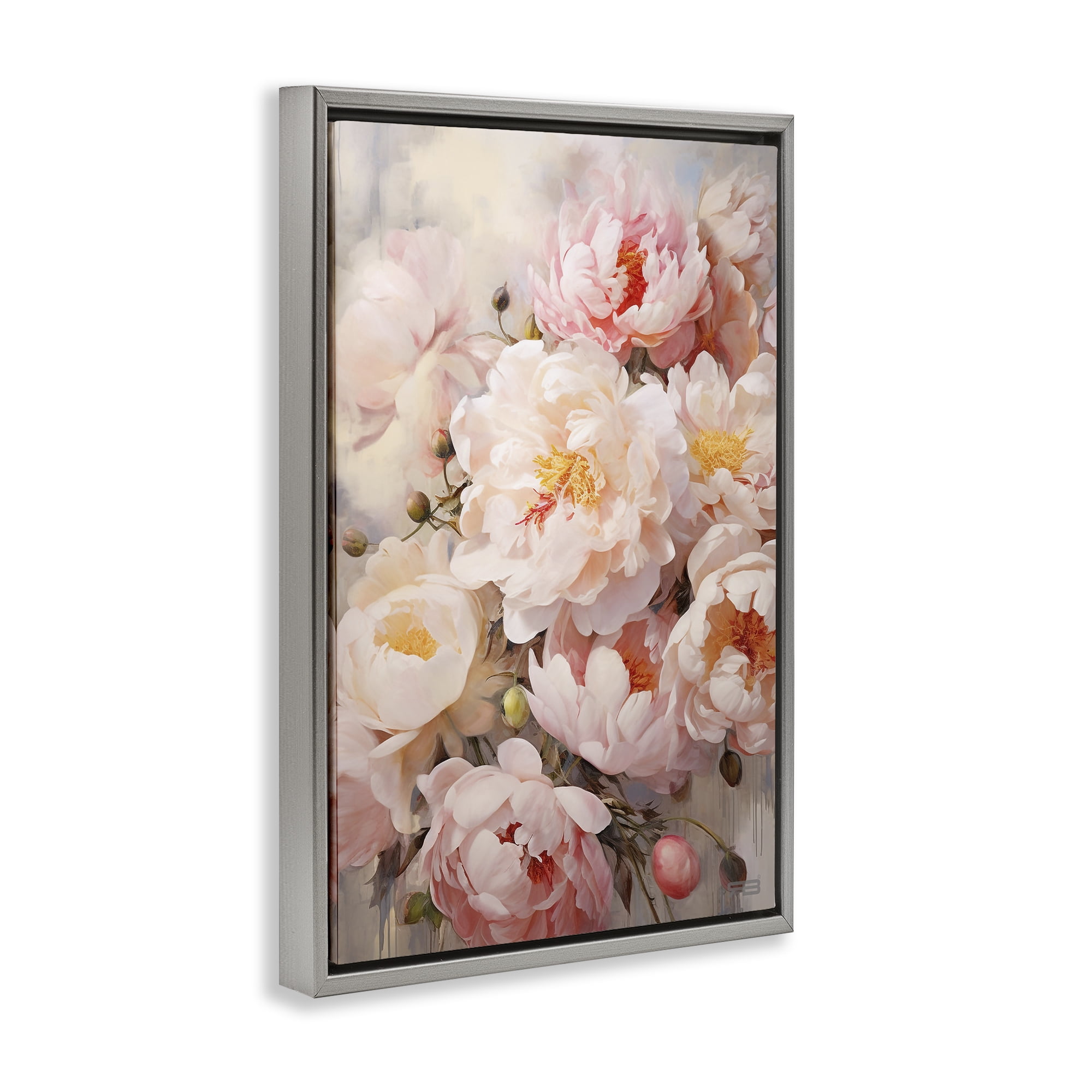 Stupell Industries Pink Peonies Collage Botanical & Floral Painting Gray Floater Framed Art Print Wall Art, 17 x 25