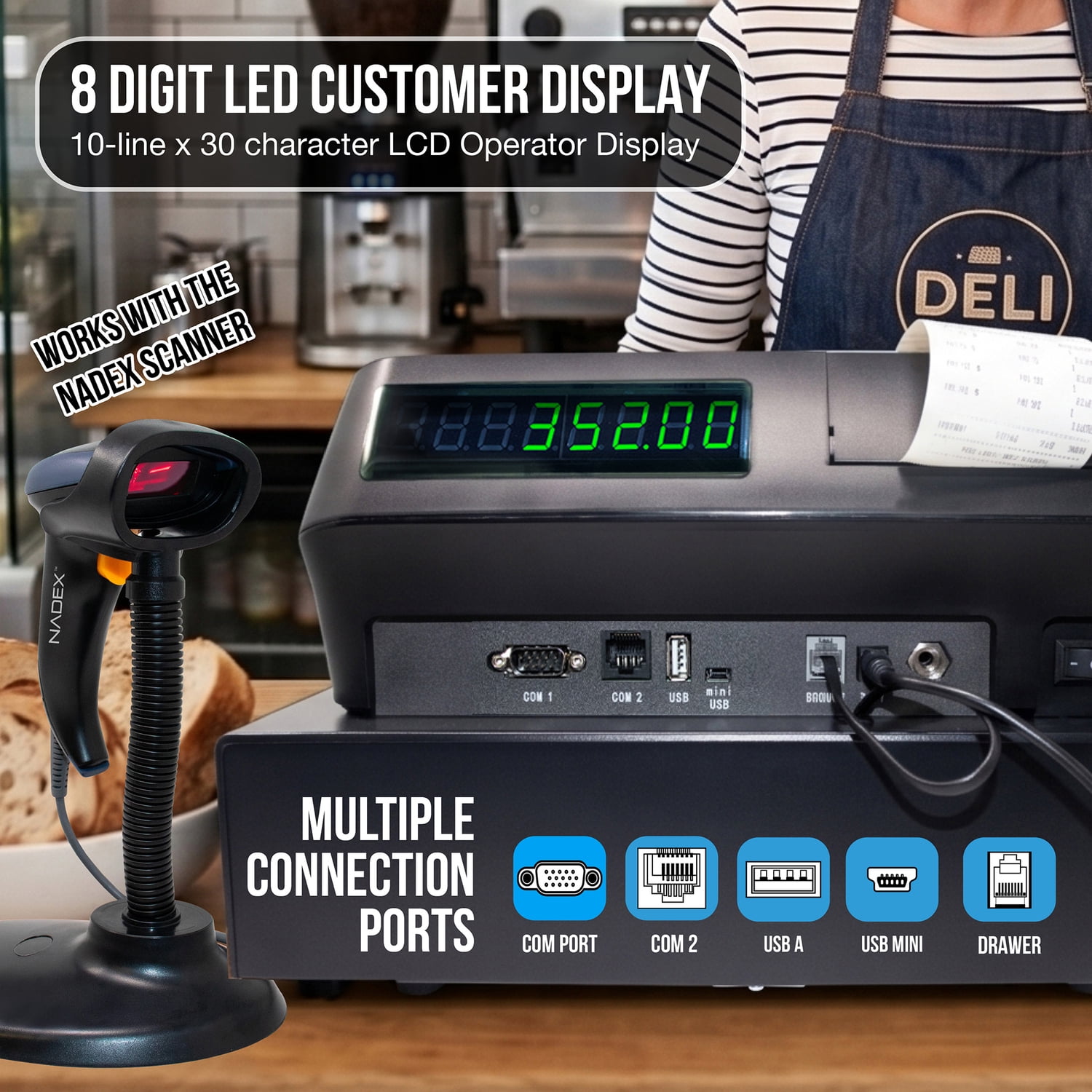 Nadex Coins CR540 Electronic Cash Register with Locking Cash Drawer, Thermal Printer, 2 Displays, 60 PLUs, 70-Key Keyboard, RJ11/Serial/USB Ports