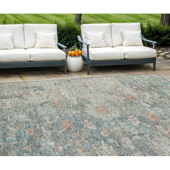 9' X 12' Green Blue And Gray Oriental Washable Indoor Outdoor Area Rug