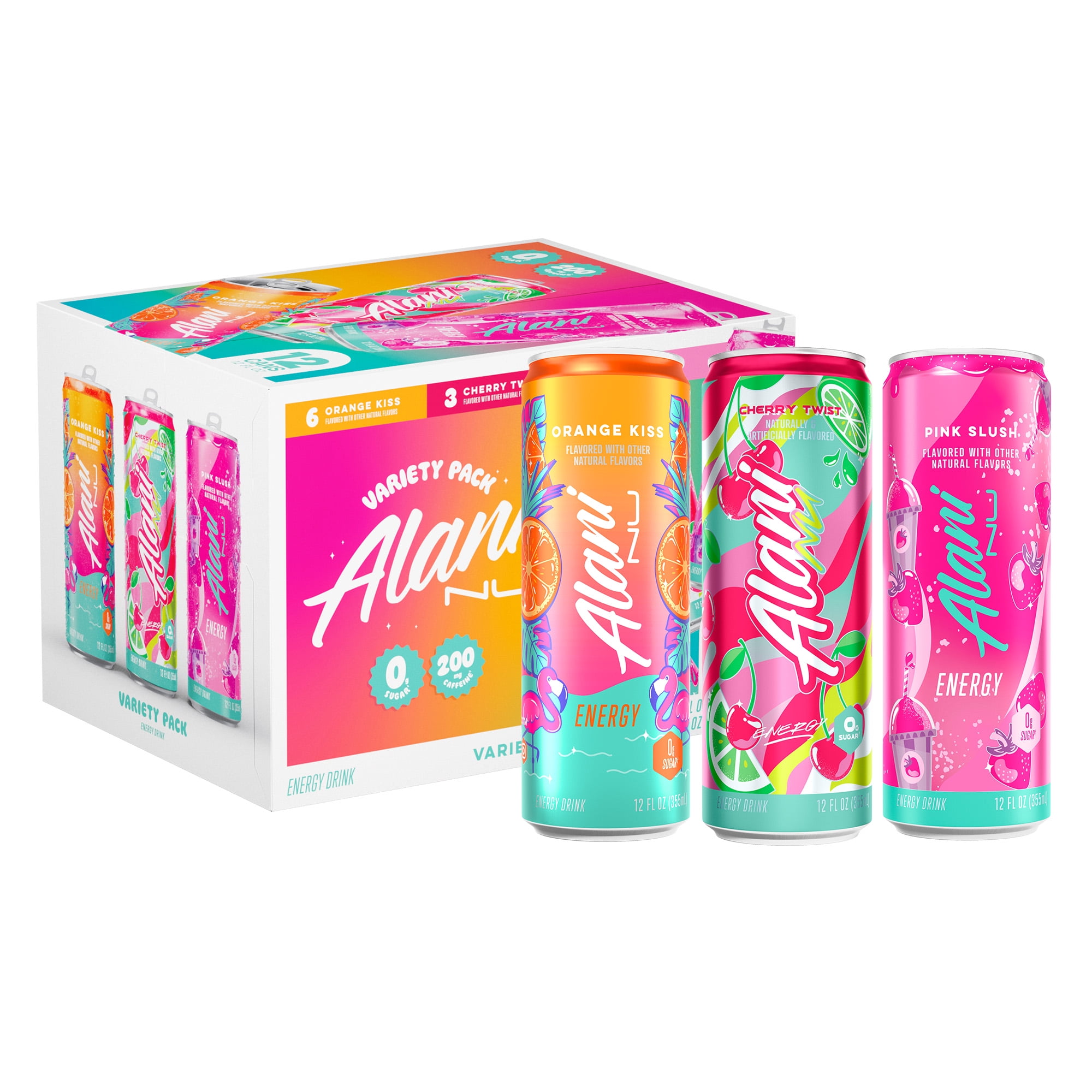 Alani Nu Sugar Free Energy Drink, Variety Pack, Pink Slush, Orange Kiss, Cherry Twist, 12 fl oz, 12 Pack, Cans, 200mg Caffeine