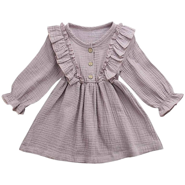 Splozh Robe d'Automne pour Filles Tout-Petits Enfants Bébé Fille en Lin Uni à Boutons à Volants Robe de Fête Vêtements Violet, 2-3 Ans