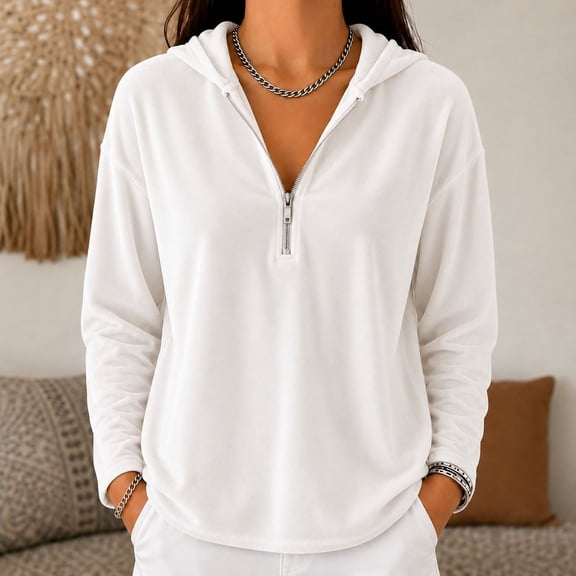 tarylea Velour Hoodies for Women Long Sleeve Half Zipper Pullover Tops Casual Loose Fall Plain Tops