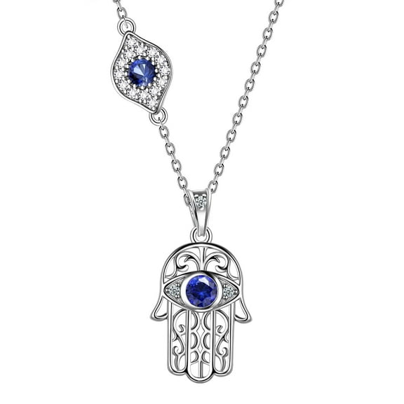 Hipunk Hamsa Necklace 925 Sterling Silver Hand of Fatima Blue Evil Eye Necklace Third Eye Lucky Amulet Jewelry Christmas Birthday Gifts for Women Men