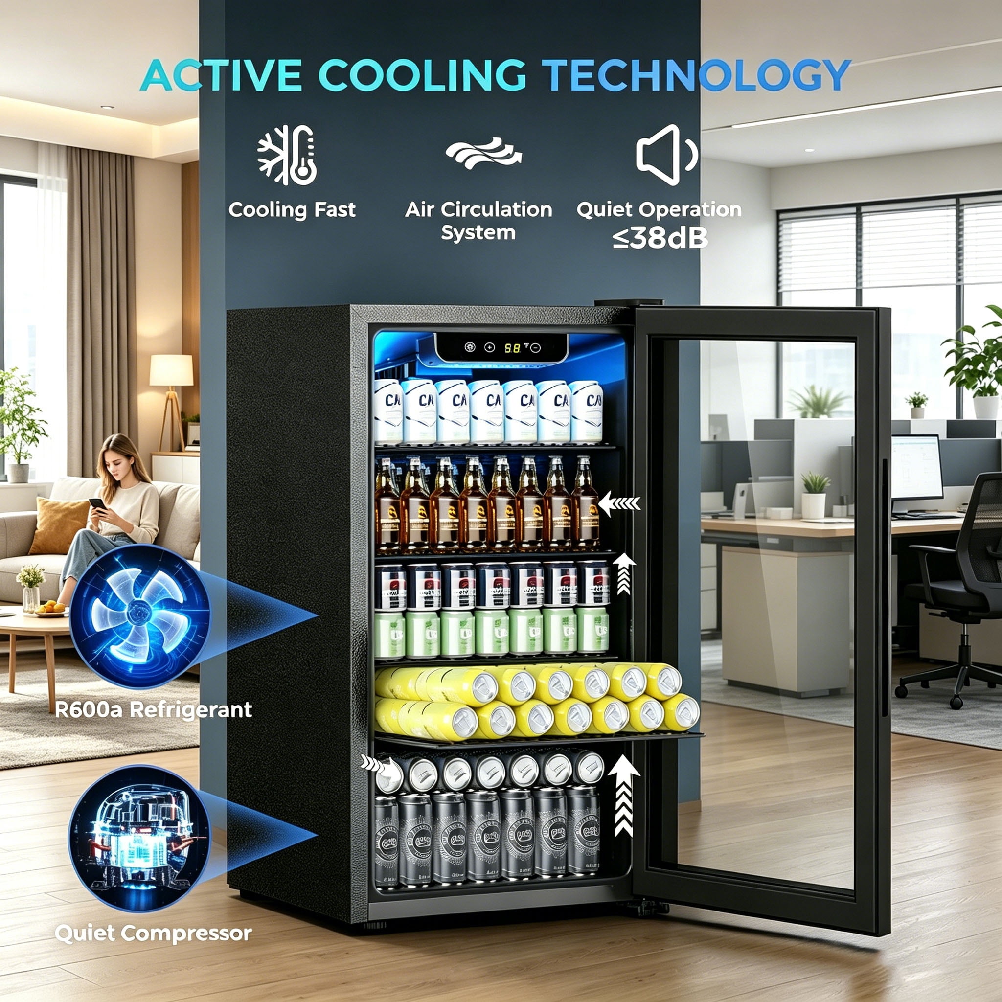 Auseo 3.2 Cu.ft Beverage Refrigerator, 120 Can Mini Fridge with Glass Door, Wine Cooler for Bar/Office/Home