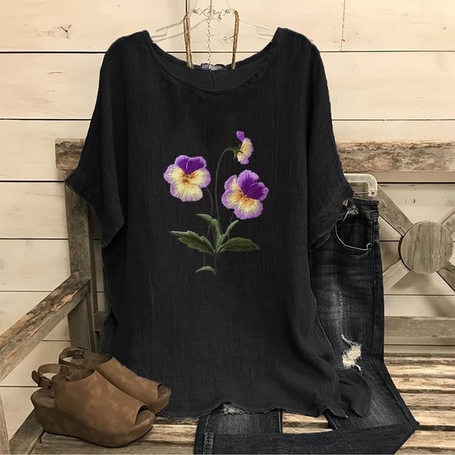 Blouses pour Femmes, T-Shirt Mode Décontracté Ample à Manches Courtes en Coton et Lin avec Broderie
