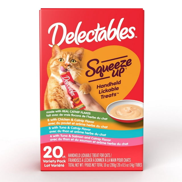 Delectables Poulet & Herbe du Chat, Thon & Herbe du Chat, Thon & Saumon Herbe du Chat Squeeze Up™ Friandise pour Chat, Lot de 20