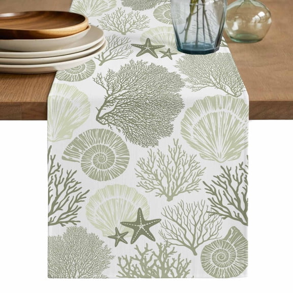 Coastal Sage Green Table Runner, Ocean Coral Starfish Shell Modern Washable Cotton Linen Table Runners 72 Inches Long, Dresser Scarf Runner for Dining/Coffee/Kitchen/TV Stands/Cabinets 13''x72''